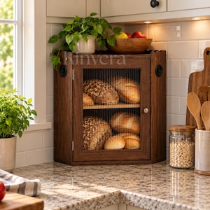 May include: A dark wood corner bread box with a fluted glass door and a small round knob. The cabinet features two interior shelves holding various loaves of bread. The word Kinvera is printed in white on the glass door of the wooden storage unit.