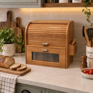 May include: A light brown bamboo bread box with a roll-top lid and a lower drawer featuring a clear window. The unit includes a side compartment for accessories and has two silver-toned metal handles on the front for opening the storage sections.