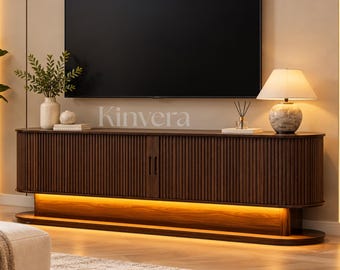 Modern Fluted Wood TV Stand with LED Lights, Marble Top Entertainment Center, Media Console Cabinet with Storage, Living Room Furniture
