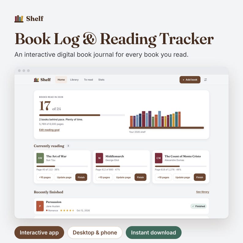 Interactive Book Log & Reading Tracker – Digital Journal (HTML App) - Etsy