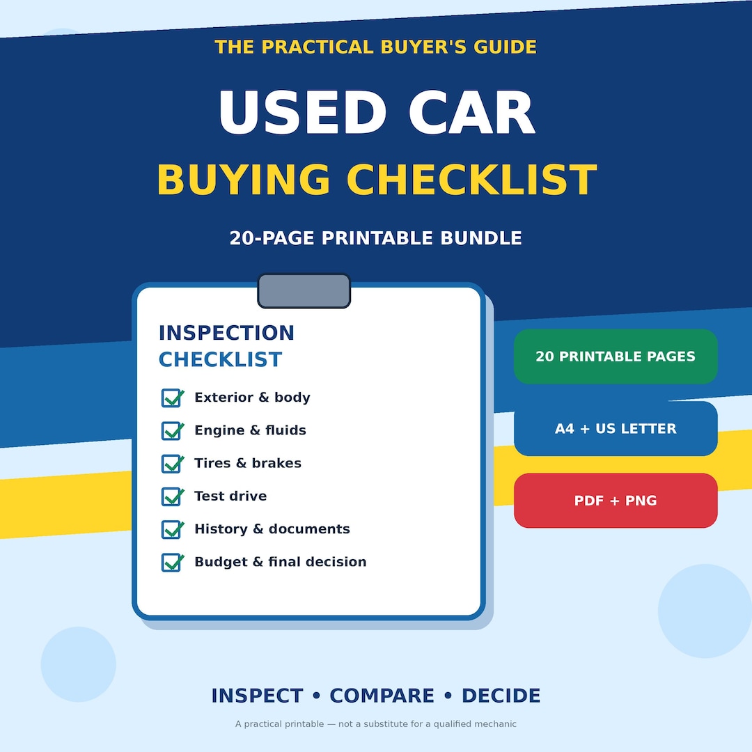 Used Car Buying Checklist PDF, Printable Vehicle Inspection Guide, Car ...