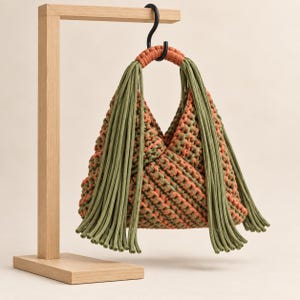 Op de afbeelding: Een handgemaakte macramé handtas gemaakt van verweven saliegroen en terracotta oranje koord. De tas heeft een gestructureerde driehoekige vorm met een cirkelvormig handvat en lange, vloeiende franjes aan beide zijden van het handvat.