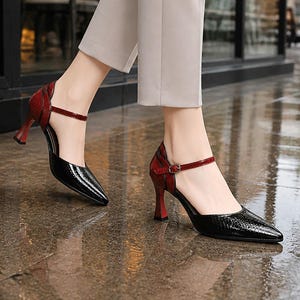 Style/attributes: Slingback, pointed toe, ankle strap, red and black, snake-embossed, mid/high heel