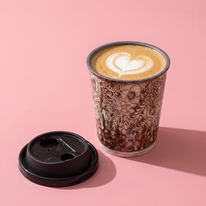 May include: A ceramic coffee cup filled with a latte featuring a heart-shaped foam design. The exterior of the cup has a dark brown mottled finish with an intricate white floral line art pattern. A separate black plastic lid sits beside the cup.