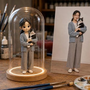 Puede incluir: Una figura personalizada de una persona con cabello oscuro que viste un cárdigan azul claro y pantalones grises, sosteniendo un gato blanco y negro. La figura está dentro de una cúpula de cristal con base iluminada, junto a una foto impresa.