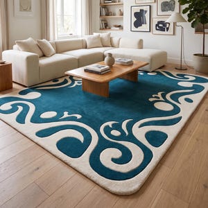 Teal Blue Art Nouveau Swirl Border Hand Tufted Wool Rug | Modern Living Room Carpet | Cream Ivory Floral Scroll Area Rug
