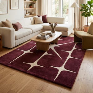 Retro Burgundy Atomic Starburst Hand Tufted Wool Rug | Mid Century Living Room Carpet | Wine Cream Celestial Grid Bedroom Area Rug