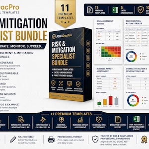 May include: A digital product bundle titled Risk & Mitigation Specialist Bundle by AtlasDocPro, featuring a central box graphic, 11 premium templates, 5 Excel dashboards, and a practitioner guide. The layout includes text, icons, and charts.