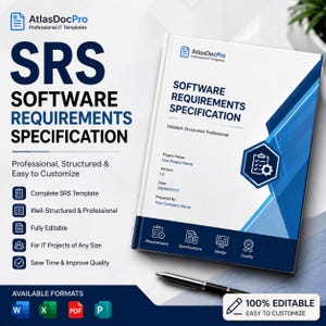 May include: A white and blue software requirements specification document template featuring the AtlasDocPro logo, text reading SRS SOFTWARE REQUIREMENTS SPECIFICATION, and icons for requirements, specifications, design, and quality.