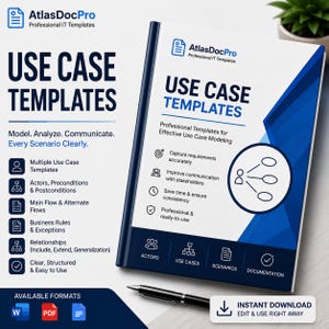 May include: A white and blue document cover titled AtlasDocPro Use Case Templates. It features a list of features, a diagram of a person connected to three circles, and icons for actors, use cases, scenarios, and documentation. Includes Word, PDF, and text file icons.