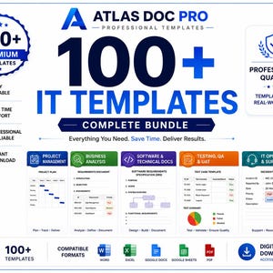 May include: A digital product bundle titled Atlas Doc Pro featuring 100+ IT templates. The graphic displays categories including project management, business analysis, technical docs, testing, and IT support, with icons for Word, Excel, Google Docs, Sheets, and PDF.