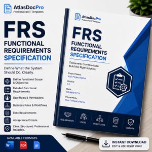 Może przedstawiać: Profesjonalny szablon dokumentu IT zatytułowany FRS Functional Requirements Specification od AtlasDocPro. Okładka posiada niebiesko-biały design z ikoną schowka, szczegółami projektu oraz ikonami dla wymagań, użytkowników, przepływów pracy, danych i jakości.