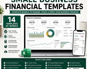 Finanspaket för småföretag | 14 Excel-mallar, kassaflöde, budget, bokföring och vinstspårning