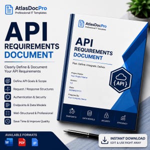 Op de afbeelding: Een professionele API-vereistendocument-sjabloon van AtlasDocPro met een wit en blauw omslag en een zeshoekig API-pictogram. Het document bevat velden voor projectnaam, versie, datum en opgesteld door, inclusief een zwarte pen.