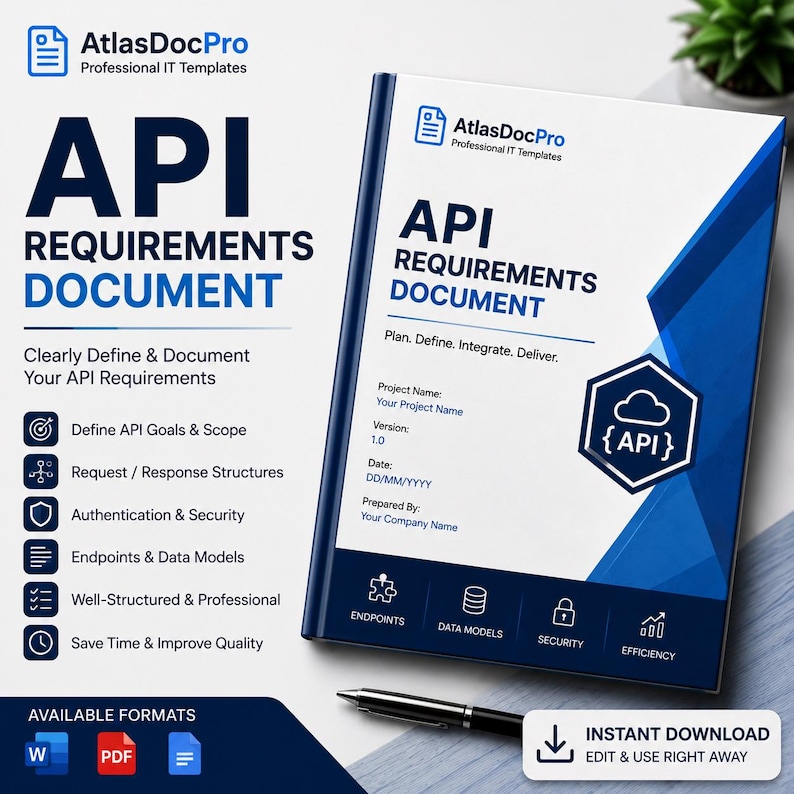 May include: A professional API Requirements Document template by AtlasDocPro featuring a white and blue cover with a hexagonal API icon. The document includes sections for project name, version, date, and prepared by fields, plus a black pen.