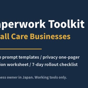 Könnte beinhalten: Ein dunkelblaues digitales Dokument mit dem Titel AI Paperwork Toolkit for Small Care Businesses. Es enthält 6 Prompt-Vorlagen zum Kopieren, ein Datenschutz-Infoblatt, ein Arbeitsblatt für Bedingungen und eine 7-Tage-Checkliste.