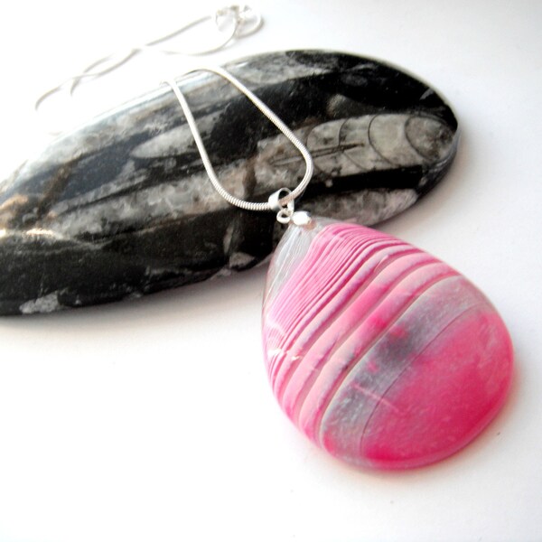 Rosa gestreifte Achat Sterling Silber Edelstein Halskette - Geschenk für sie, Stein Schmuck, Tropfen Anhänger, einfache Schmuck, lebendige Farbe