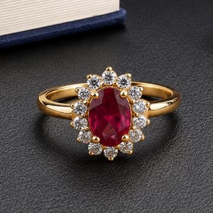 May include: A gold ring featuring a central oval-cut deep red gemstone surrounded by a halo of small, clear, round-cut stones. The band is smooth and polished gold, creating a classic design that highlights the contrast between the red centre and the surrounding clear stones.