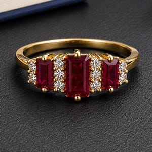 Puede incluir: Un anillo de oro con tres rubíes rojos rectangulares de corte baguette dispuestos horizontalmente. El rubí central está flanqueado por dos rubíes más pequeños, con pequeñas piedras blancas redondas y claras entre cada rubí y en los bordes.