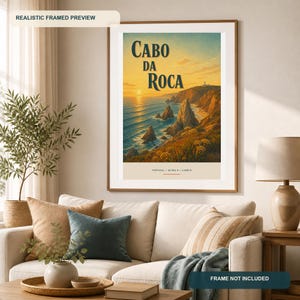 Plakat podróżniczy z asymetryczną typografią Cabo da Roca, do druku sztuka ścienna w stylu vintage, do pobrania w wersji cyfrowej