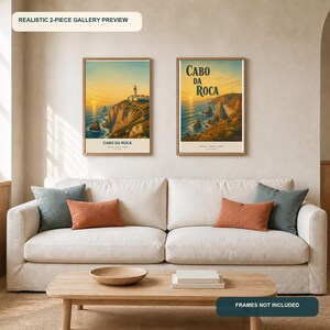 May include: Two vertical wall art prints featuring Cabo da Roca, Portugal, displayed in wooden frames. The left print shows a lighthouse on a cliff at sunset, while the right print displays the text Cabo da Roca over a coastal landscape.