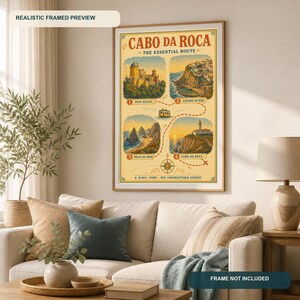 Cabo da Roca Essential Route Printable Poster, 4 Must-See Landmarks, Vintage Travel Wall Art, A4 A5 US Letter Digital Download