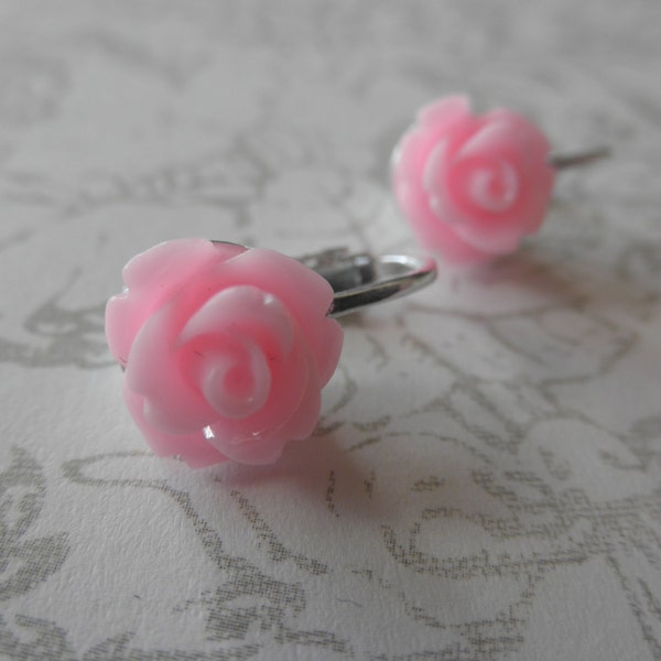 Girls Light Pink Rose Clip on Earrings