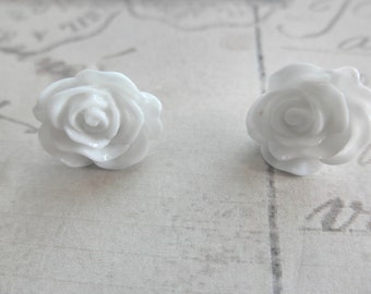 White Rose Flower Post Stud Earrings
