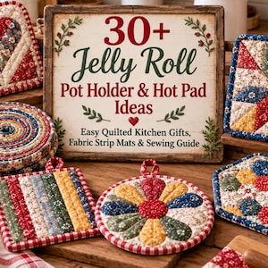 May include: A wooden sign with the text 30+ Jelly Roll Pot Holder & Hot Pad Ideas Easy Quilted Kitchen Gifts, Fabric Strip Mats & Sewing Guide, surrounded by various quilted pot holders in heart, square, round, and hexagonal shapes.