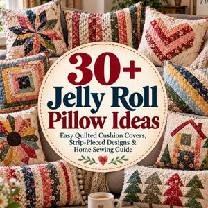 May include: A collection of quilted throw pillows with various fabric patterns including stars, hearts, houses, and trees. A central circular graphic features the text 30+ Jelly Roll Pillow Ideas, Easy Quilted Cushion Covers, Strip-Pieced Designs & Home Sewing Guide.