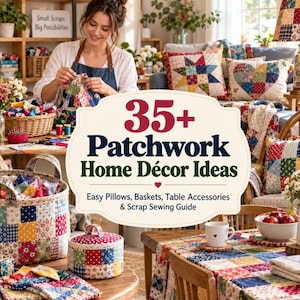 May include: A craft book cover titled 35+ Patchwork Home Décor Ideas featuring a collage of quilted fabric items including a basket, a lidded container, a table runner, and pillows in a room with a person sewing in the background.