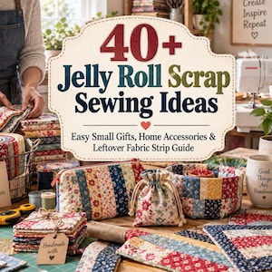 May include: A craft project guide titled 40+ Jelly Roll Scrap Sewing Ideas featuring a collection of quilted fabric items including a zippered pouch, a drawstring bag, a fabric basket, and coasters made from floral and patterned fabric strips.