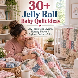 May include: A book cover titled 30+ Jelly Roll Baby Quilt Ideas featuring text about fabric strip layouts, nursery throws, and a beginner quilting guide. The image shows a person holding a baby under a floral patchwork quilt with fabric rolls.
