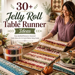 May include: A quilted table runner with a floral pattern in shades of red, yellow, and green. The image features text reading 30+ Jelly Roll Table Runner Ideas, Easy Quilted Runners, Seasonal Table Décor & 2.5-Inch Fabric Strip Guide.