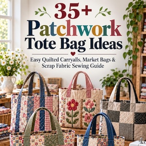 以下が含まれることがあります： 35+ Patchwork Tote Bag Ideas, Easy Quilted Carryalls, Market Bags & Scrap Fabric Sewing Guideというテキストが書かれたデジタル画像。テキストの下には、花柄、チェック柄、格子柄の布地で作られた5つのキルティングトートバッグが並んでいます。
