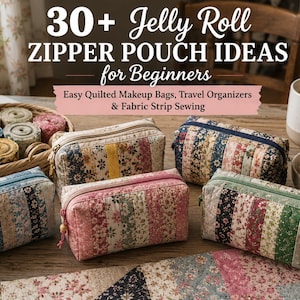 Puede incluir: Cuatro estuches rectangulares acolchados con cremallera, hechos de tiras de tela verticales con patrones florales en rosa, azul, verde y amarillo. El texto dice 30+ Jelly Roll ZIPPER POUCH IDEAS for Beginners. Easy Quilted Makeup Bags, Travel Organizers & Fabric Strip Sewing.