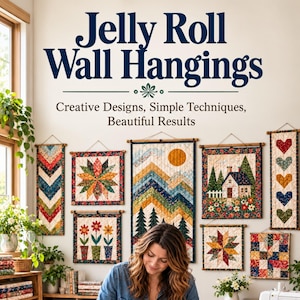 Puede incluir: Una portada de libro titulada Jelly Roll Wall Hangings: Creative Designs, Simple Techniques, Beautiful Results, que muestra una colección de tapices de tela acolchada con patrones florales, de montañas y corazones.