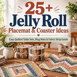 May include: A digital guide titled 25+ Jelly Roll Placemat & Coaster Ideas featuring text about easy quilted table sets, mug mats, and fabric strip guides. The image displays two fabric jelly rolls, a log cabin placemat, and a chevron placemat.