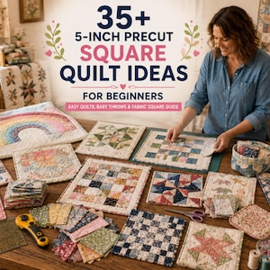 Op de afbeelding: Een boekomslag getiteld 35+ 5-INCH PRECUT SQUARE QUILT IDEAS FOR BEGINNERS met diverse doorgestikte vierkanten, stapels stof, een rolsnijder en een schaar op een houten ondergrond, waarbij iemand stoffen onderdelen aan het rangschikken is.