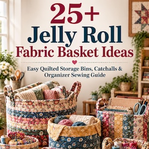 May include: A collection of quilted fabric baskets featuring floral and patterned designs in various shapes and sizes. The text 25+ Jelly Roll Fabric Basket Ideas, Easy Quilted Storage Bins, Catchalls & Organizer Sewing Guide is displayed above.