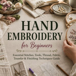 Puede incluir: Un libro titulado Hand Embroidery for Beginners con el subtítulo Essential Stitches, Tools, Thread, Fabric, Transfer & Finishing Techniques Guide. La portada muestra bastidores de bordado, agujas, tijeras e hilo sobre un fondo de tela.