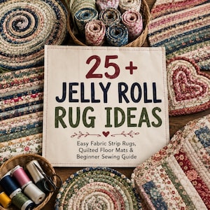 May include: A book titled 25+ JELLY ROLL RUG IDEAS with a subtitle Easy Fabric Strip Rugs, Quilted Floor Mats & Beginner Sewing Guide, surrounded by various coiled fabric strip rugs, quilted mats, and a basket of fabric rolls and thread spools.