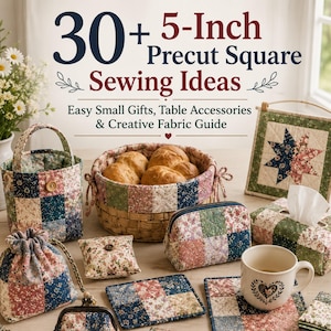 May include: A collection of quilted fabric items made from 5-inch precut squares, including a basket, a drawstring pouch, a zippered case, a tissue box cover, and coasters. The text reads 30+ 5-Inch Precut Square Sewing Ideas, Easy Small Gifts, Table Accessories & Creative Fabric Guide.