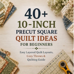 Puede incluir: Una guía titulada 40+ 10-INCH PRECUT SQUARE QUILT IDEAS FOR BEGINNERS, Easy Layered Quilt Layouts, Cozy Throws & Quilting Guide. Incluye pilas de cuadrados de tela floral, una regla de acolchado transparente y un cortador rotativo de tela amarillo.