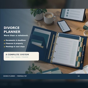 Può includere: Un raccoglitore ad anelli blu scuro per la pianificazione del divorzio con tasche interne, divisori con linguette e pagine di controllo bianche. Il testo recita DIVORCE PLANNER, More than a notebook, Documents & deadlines, Finances & property, Meetings & next steps, A COMPLETE SYSTEM, Binder, Tabs, Trackers, Checklists.