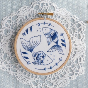 Modern Hand Embroidery Kit | 4 inch (10 cm) Hoop Art Embroidery Pattern by Tamar Nahir - Yanai - OCEAN FISH