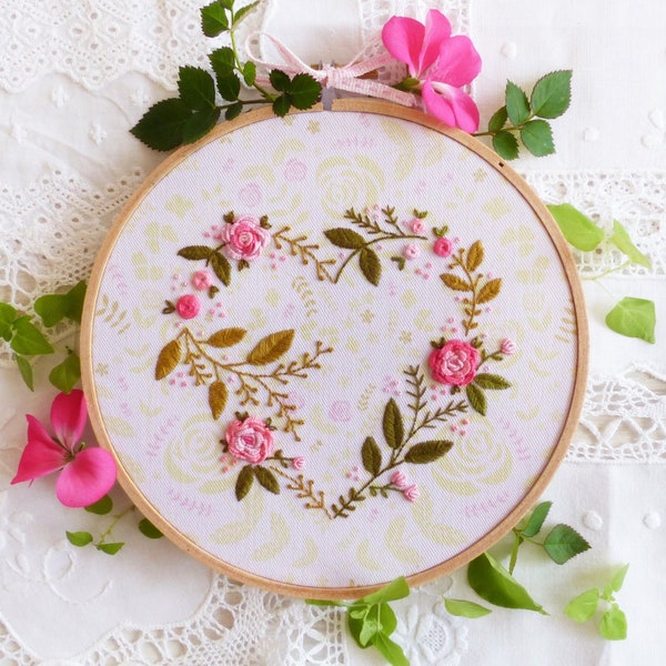 Modern Hand Embroidery Kit | 6 inch (15 cm) Floral Hoop Art Embroidery Pattern by Tamar Nahir - Yanai - FLOWER HEART