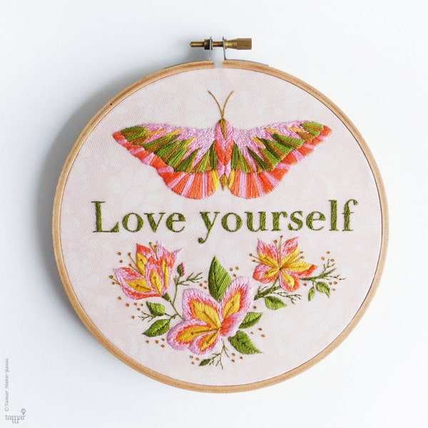 Modern Hand Embroidery Kit | 6 inch (15 cm) Hoop Art Embroidery Pattern by Tamar Nahir-Yanai - LOVE YOURSELF