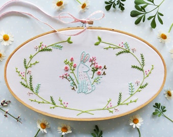 Modern Hand Embroidery Kit | 11.8 in x 8 in Oval Easter Hoop Art Embroidery Pattern by Tamar Nahir - Yanai - EASTER BUNNY