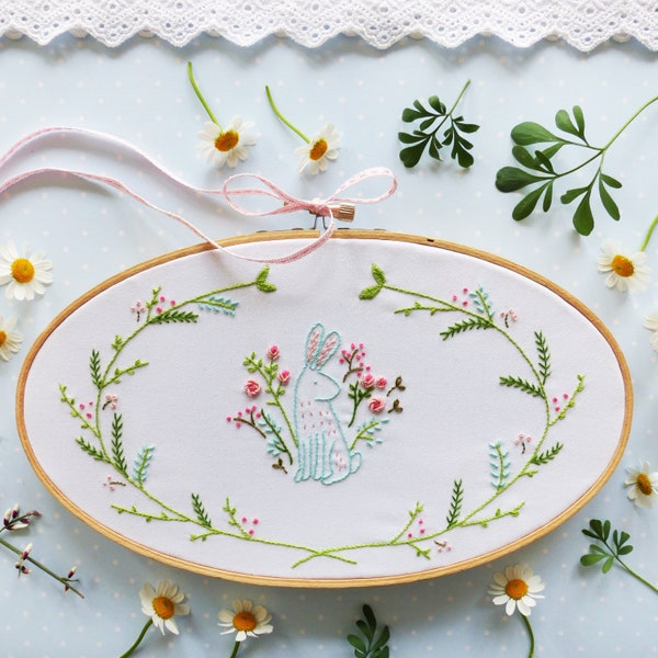 Modern Hand Embroidery Kit | 11.8 in x 8 in Oval Easter Hoop Art Embroidery Pattern by Tamar Nahir - Yanai - EASTER BUNNY